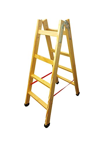 Stufenstehleiter Holz - 2 x 4 Sprossen, mit Eimerhaken - Traglast 150kg - Klassische robuste Holzstehleiter mit 2 rutschfesten Stufen und 2 Sprossen aus Buchenholz von ASKON