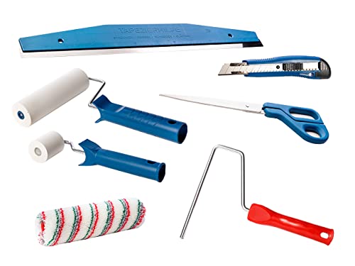 Tapezier-Set - 7-teilig - Tapezierbeschneidelineal 60cm, Schere und Cuttermesser, Kleisterwalze mit Bügel, Tapetenandrückroller 15 cm, Nahtroller 5cm - Renovier-Set von ASKON