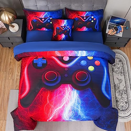 ASKOTU Gaming-Bettwäsche-Sets für Jungen, Mädchen, Kinder, rot, blau, Blitz, Spielkonsole, 6-teiliges Bett in einer Tasche, volle Größe, Bettdecken-Sets mit Laken von ASKOTU