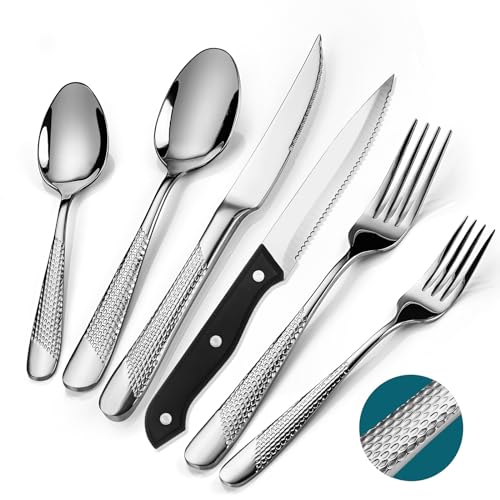 60 TLG Bestecksets, Edelstahl Besteckset für 10 Personen mit Steakmesser, Silber Premium Gehämmertes Essbesteck Set mit Gabeln Messer Löffel für Heim Restaurant von ASKSCICI