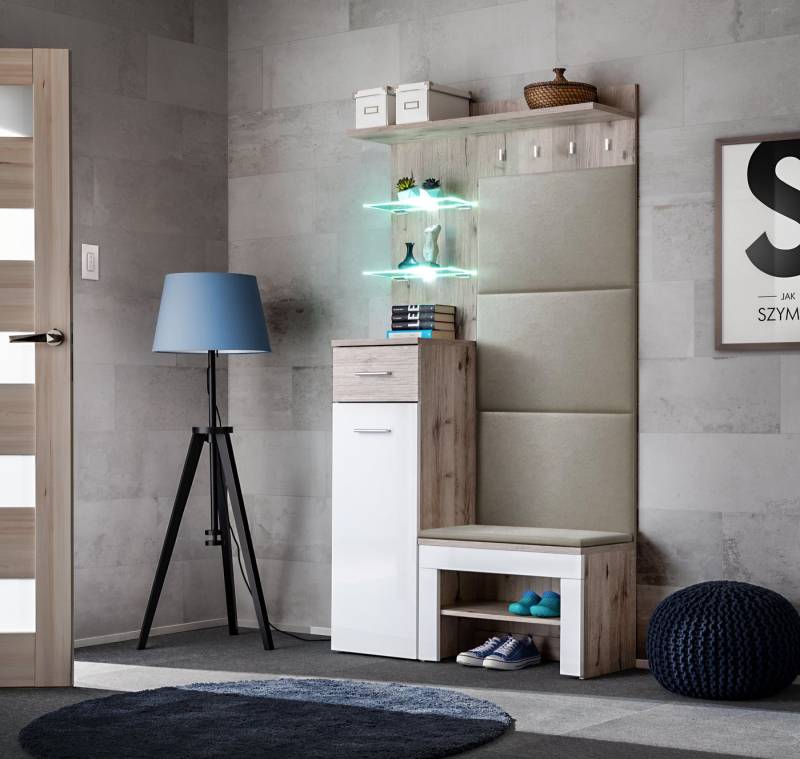 ASM-Moebel Garderoben-Set Flurgarderobe GUSTAVO VI mit Led Beleuchtung Hochglanz Polsterung, Mit Led Beleuchtung, Hochglanzfronten, Kissen und Polsterung. von ASM-Moebel