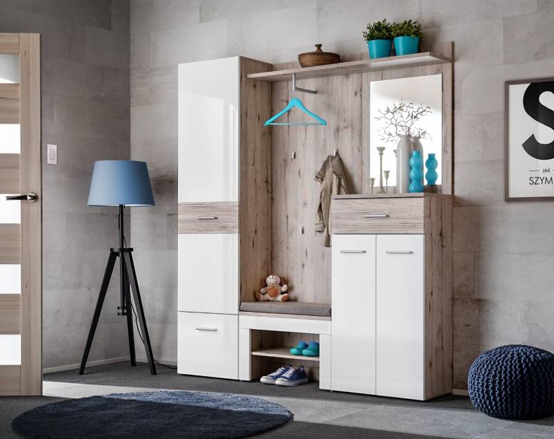 ASM-Moebel Garderoben-Set Flurgarderobe GUSTAVO III mitSpiegel Hochglanzfronten und Sitzbank, Mit Hochglanzfronten, Spiegel, Sitzbank und Kissen von ASM-Moebel