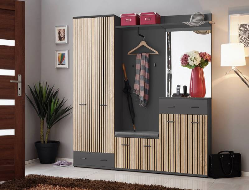ASM-Moebel Garderoben-Set Flurgarderobe Schuhschrank MARCO III mit Lamellen Sitzbank und Spiegel, Mit Lamellen, Spiegel, Sitzbank und Kissen von ASM-Moebel