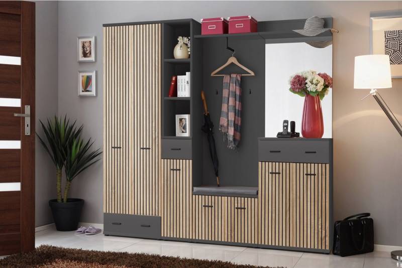 ASM-Moebel Garderoben-Set Flurgarderobe Schuhschrank MARCO IV mit Lamellen Sitzbank und Spiegel, Mit Lamellen, Spiegel, Sitzbank und Kissen von ASM-Moebel