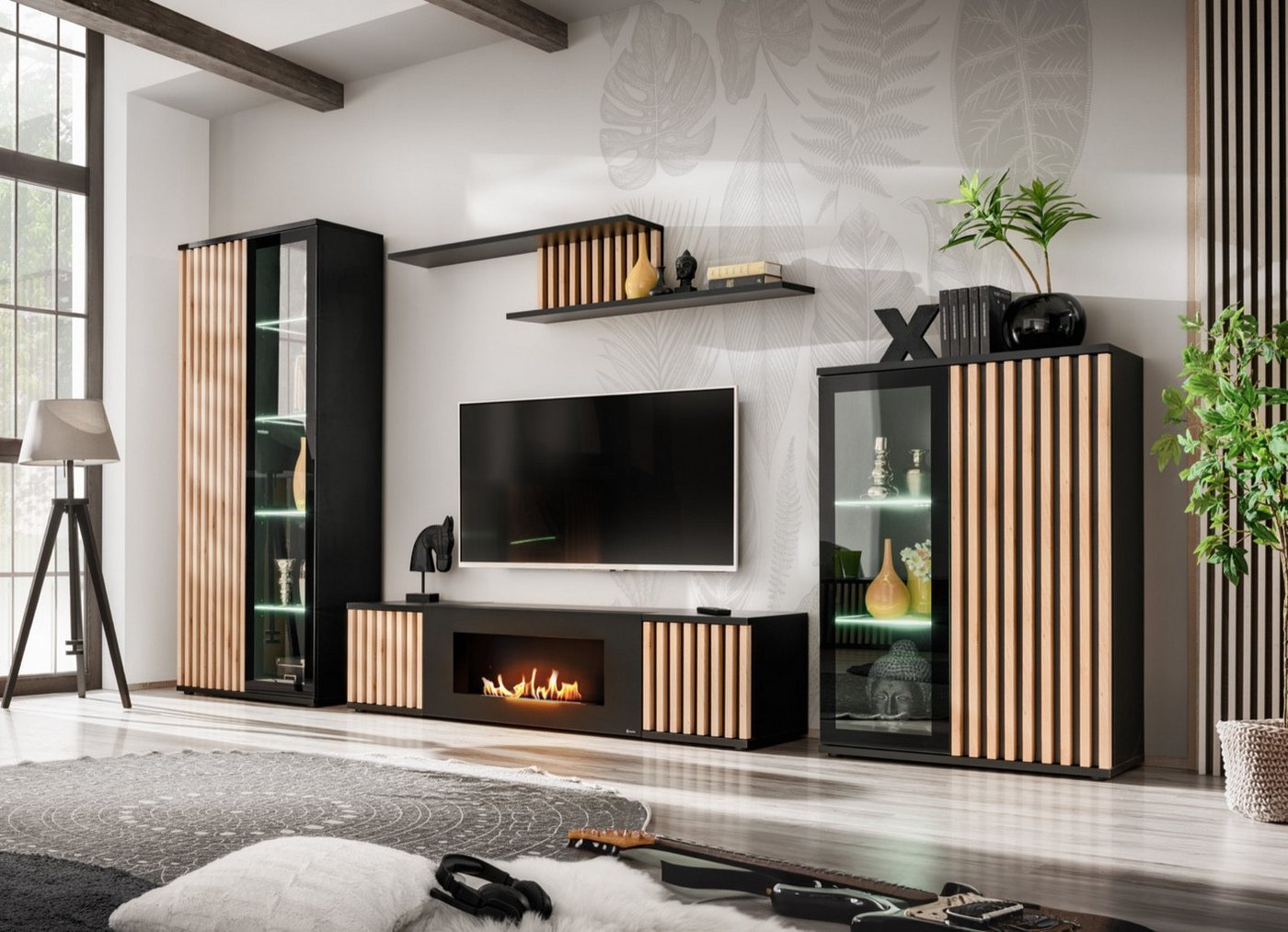 ASM-Moebel Wohnwand CAMERON ZHJ SET mit Bio-Ethanol Kamin Lamellen Led B. und Push - Click, Mit Bio-Ethanol Kamin, Led Beleuchtung, Push-Click System und Lamellen von ASM-Moebel