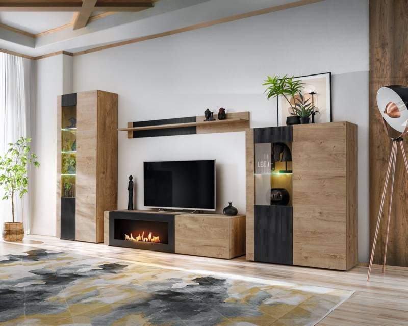 ASM-Moebel Wohnwand Wohnwand ARON-K mit Rillenfront und Bio Ethanol Kamin LED Push Click, Mit Bio-Ethanol Kamin, Led Beleuchtung und Push-Click System. von ASM-Moebel