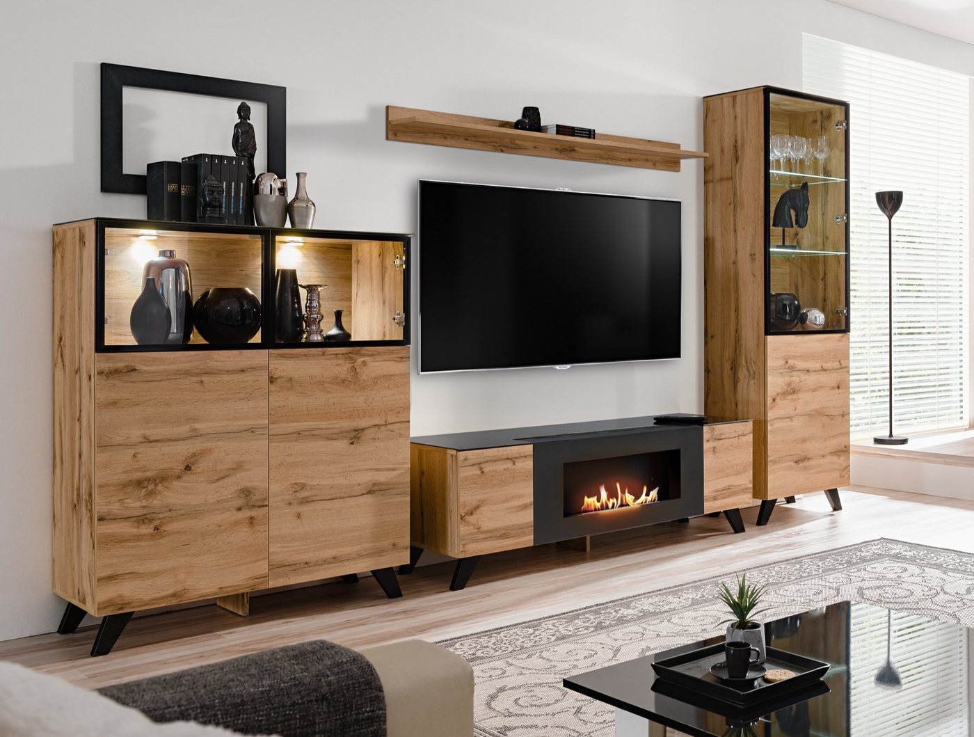 ASM-Moebel Wohnwand Wohnwand Anbauwand THIN-K LED Bio-Ethanol Kamin Push-Click, Mit Bio-Ethanol Kamin, mit Push-Click System und Led Beleuchtung. von ASM-Moebel