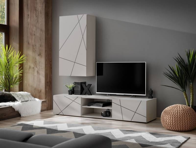 ASM-Moebel Wohnwand Wohnwand Anbauwand Wohnzimmer Schrankwand GEO Cashmere, Mit Push-Click System und Geprinteten Fronten. von ASM-Moebel