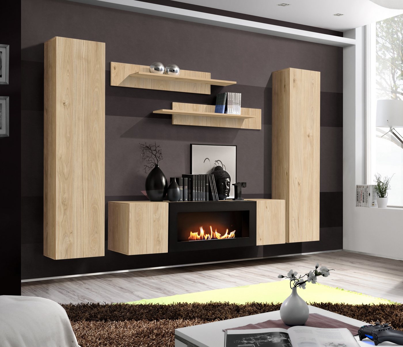 ASM-Moebel Wohnwand Wohnwand FLY M1 HJ inkl. Push-Click System mit Bio Ethanol Kamin, Mit Bio-Ethanol Kamin und Push-Click System. von ASM-Moebel