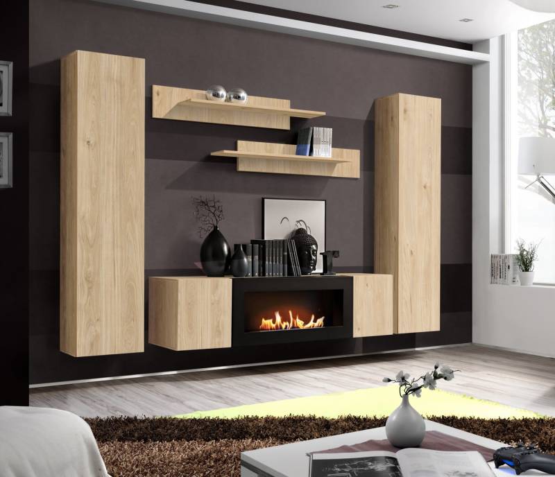ASM-Moebel Wohnwand Wohnwand FLY M1 HJ inkl. Push-Click System mit Bio Ethanol Kamin, Mit Bio-Ethanol Kamin und Push-Click System. von ASM-Moebel