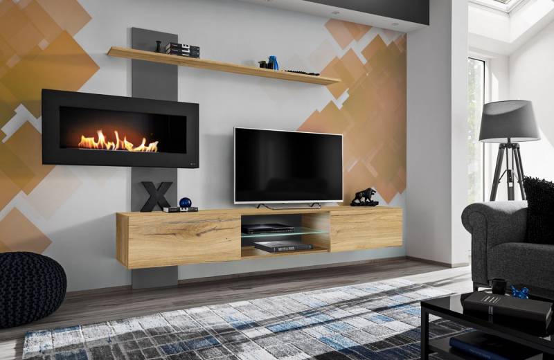 ASM-Moebel Wohnwand Wohnwand Flame B ANFS mit Bio-Ethanol Kamin und Push Click, Bio-Ethanol Kamin, Push-Click System und Led Beleuchtung von ASM-Moebel