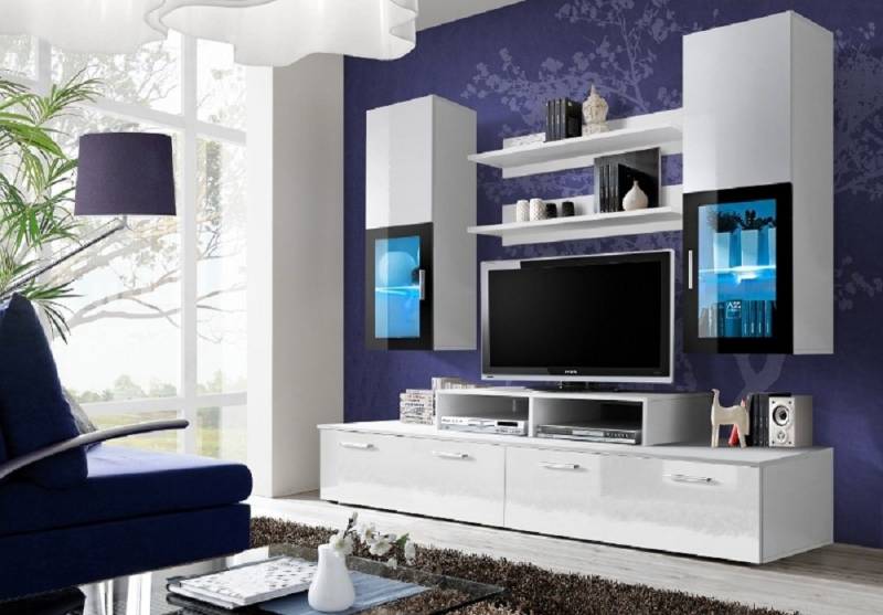 ASM-Moebel Wohnwand Wohnwand MINI mit Hochglanzfronten und Led Beleuchtung, Mit Hochglanzfronten von ASM-Moebel