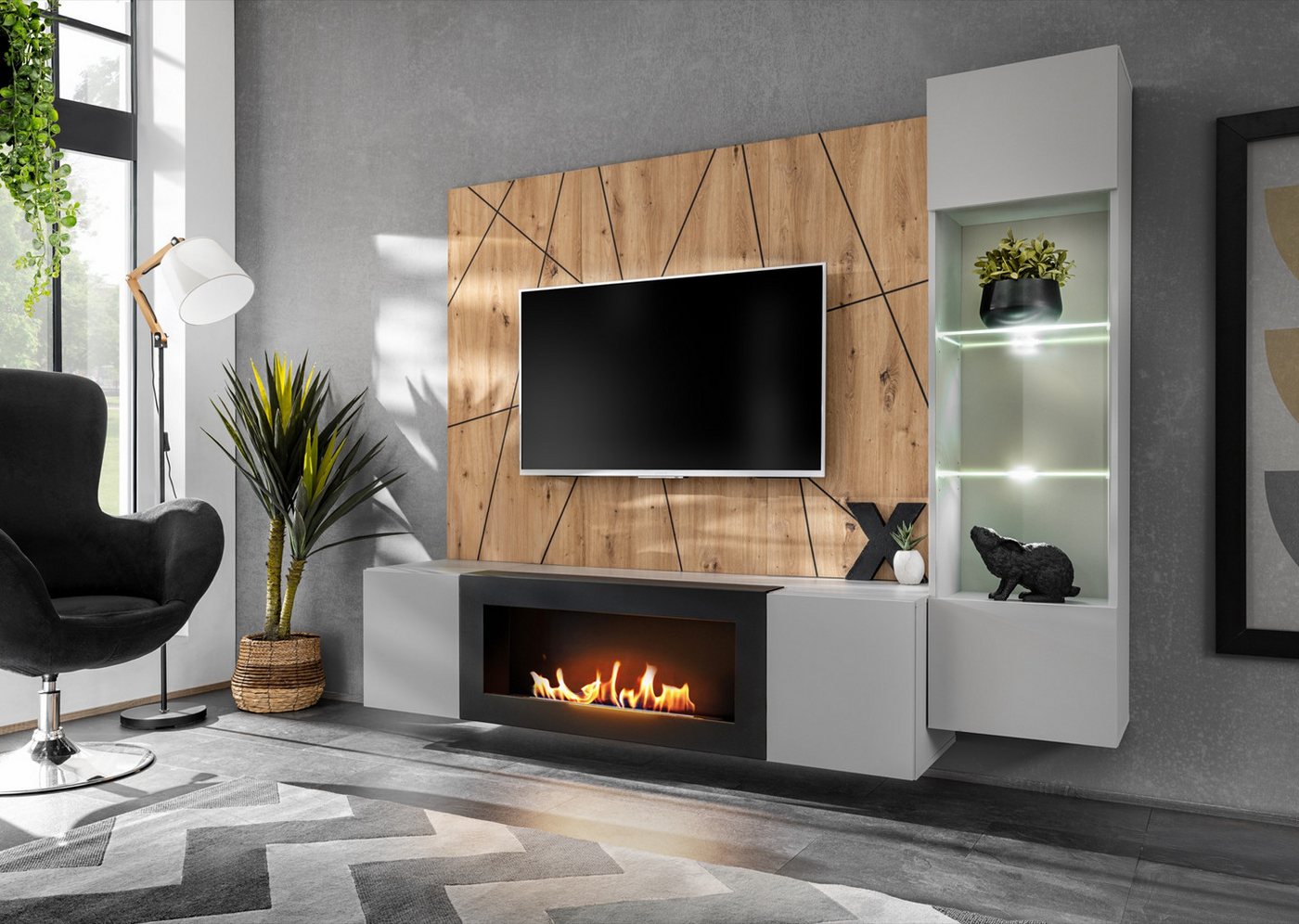 ASM-Moebel Wohnwand Wohnwand XARI PGAS-K mit Led Push - Click und Bio-Ethanol Kamin, Mit Bio-Ethanol Kamin Led Beleuchtung und Push-Click System von ASM-Moebel