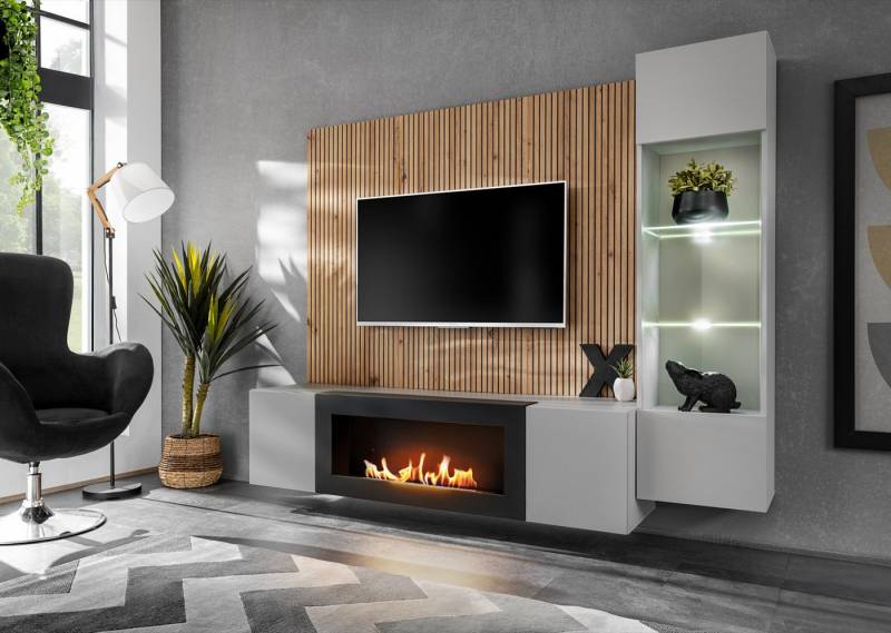 ASM-Moebel Wohnwand Wohnwand XARI PGAS-K mit Led Push - Click und Bio-Ethanol Kamin, Mit Bio-Ethanol Kamin Led Beleuchtung und Push-Click System von ASM-Moebel