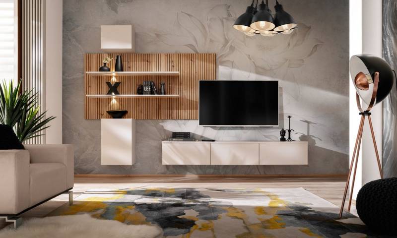 ASM-Moebel Wohnwand Wohnzimmer Schrankwand GUSTO PW B mit Led B. Push - Click, Mit Led Beleuchtung, Push-Click System und Lamellen Optik von ASM-Moebel