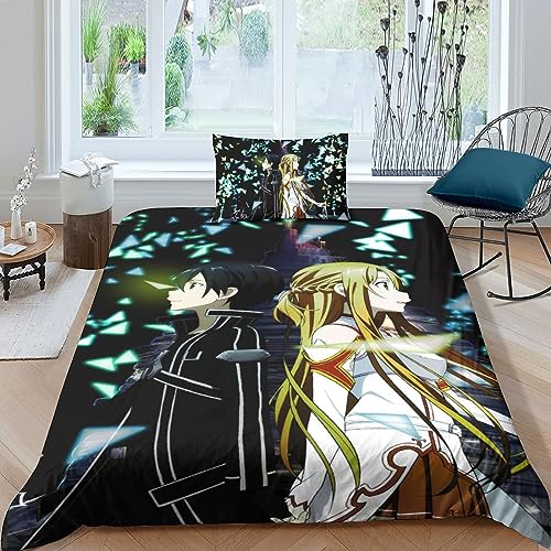 Sword Art Online 3D Print Betten Set Bettwäsche Set Microfaser Qualität Reißveschluss Anime Bettbezug-Set Mit Kissenbezug Für Schlafzimmer, Weiche Bequemer Single（135x200cm） von ASMEIR