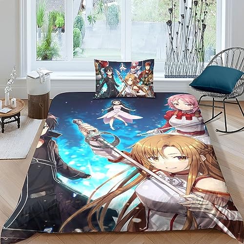 Sword Art Online Bettwäsche,Erwachsene Kinder Anime Bettbezug,3D Microfaser Bettwäsche Mit Kopfkissenbezüge,Bettbezug Für Schlafzimmer, Weiche Bequemer Single（135x200cm） von ASMEIR