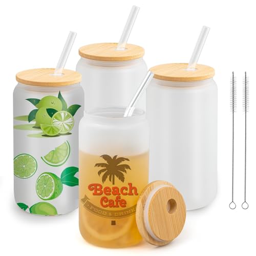 ASMIZ 4 Stück Sublimations Glasdosen, 470ml Frosted Gläser mit Deckel & Strohhalm, DIY Sublimation Glas Tumbler für Saft Soda Kaffee Eiskaffee Bier Getränke ASMIZ 4 Stück Sublimations Glasdosen, 470ml Frosted Gläser mit Deckel & Strohhalm, DIY Sublimation Glas Tumbler für Saft Soda Kaffee Eiskaffee Bier Getränke von ASMIZ