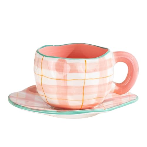 ASMPCUE Kaffeebecher, Keramischer Becher Kaffeebecher mit Untersetzer, Nette Tassen Neuheit Kaffeebecher Set, 6.5 oz/200 ml Kreativbecher für Latte Milch und Tee (Rosa Gitter) von ASMPCUE