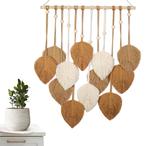 ASMPCUE Makrame Wand Hängende Blätter, Boho Wand Dekor Kunst Feder Tapestry, Handgemachte Garn Quasten Dekorationen mit 12-Blättern für Wohnzimmer, Schlafzimmer Wanddeko, 20 X 27.5 Zoll, Braun von ASMPCUE