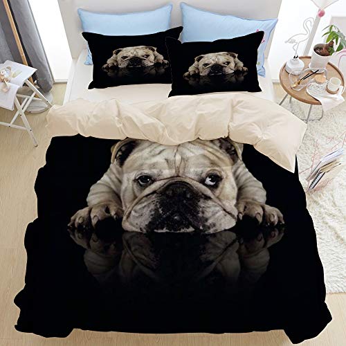 ASNIVI Bettwäsche-Set Einzelbetten,3D-Bedruckt,Eine kleine weiße Bulldogge auf dem schwarzen Hintergrund nett und lustig,mit Reißverschluss,1 Bettwäsche 135x200cm und 2 mal 50 x 80cm Kissenbezug von ASNIVI