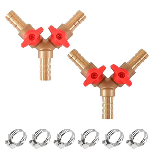 ASOFTY 2 Stück 3 Wege Schlauchverbinder, Y-Schlauchverbinder mit 6 Schlauchschelle, 3 Weg Messing Schlauch Kugelhahn, Messing Abzweigventil Verbinder für Schlauch, Wasser (10MM) von ASOFTY