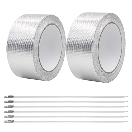 ASOFTY 2 Stück Hitzeschutzband Auspuff, 500 cm x 5 cm Auspuffband Selbstklebend mit 6 Kabelbinder, Hitzeschutz Auspuffband für Auto, Motorrad, Silber von ASOFTY