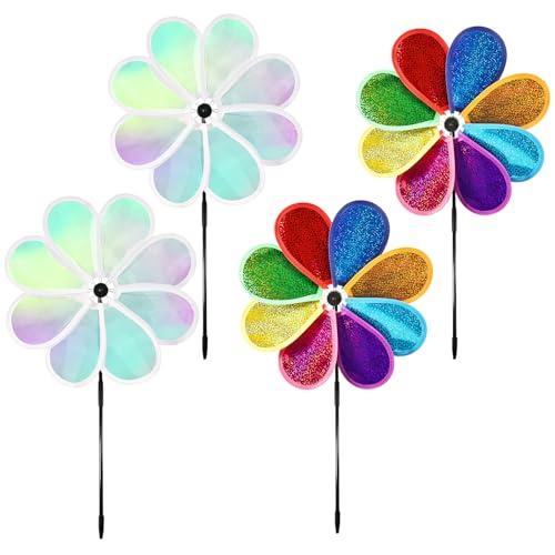 ASOFTY 4 Stück Windräder Vogelabwehr, 30cm Regenbogen Windmühle Spinner, Blume Windrad, Reflektierend Windrad Vogelschreck für Garten, Terrasse, Balkon, Obstgarten ASOFTY 4 Stück Windräder Vogelabwehr, 30cm Regenbogen Windmühle Spinner, Blume Windrad, Reflektierend Windrad Vogelschreck für Garten, Terrasse, Balkon, Obstgarten von ASOFTY