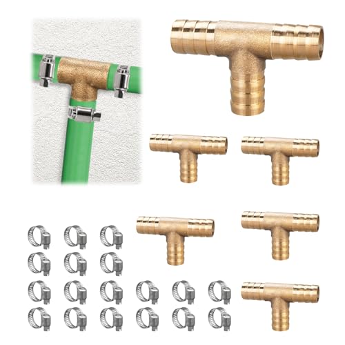 ASOFTY 6 Stück T - Schlauchverbinder, T Förmige Messing Schlauchtülle mit 18 Schellen, T Messing Verbindungsstück, Schlauchverschraubung, Messing Verbindungsschlauch (12MM) von ASOFTY