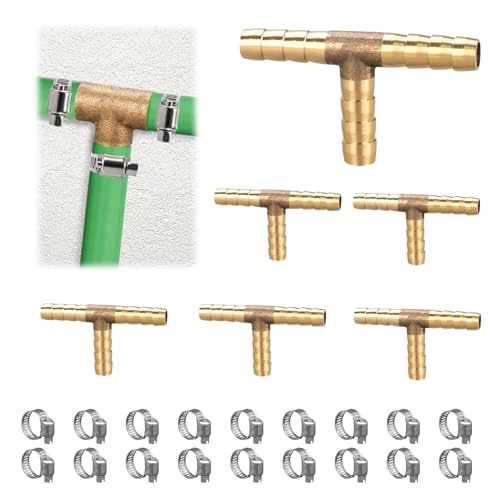 ASOFTY 6 Stück T - Schlauchverbinder, T Förmige Messing Schlauchtülle mit 18 Schellen, T Messing Verbindungsstück, Schlauchverschraubung, Messing Verbindungsschlauch (8MM) von ASOFTY