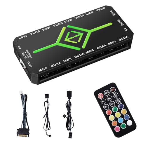 ASOFTY ARGB PWM Fan Hub mit Controller, Pwm-Lüftertemperaturregler, 2-in-1 5V 3Pin ARGB Ports und 4Pin PWM Fan Hub Anschlüsse mit Magnetic Suction Backboard (Schwarz) von ASOFTY