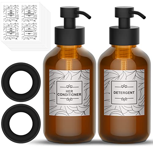 Glas Seifenspender Set, ASOFTY 500ML Seifenspender Küche mit Edelstahl Pumpe, Shampoo Lotion Duschgel Flaschen zum Befüllen für Dusche mit Etiketten und Silikonbasis (Schwarz/Braunglas) von ASOFTY