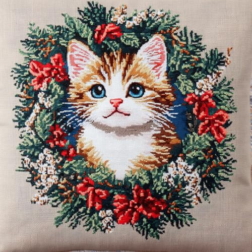 ASONGLINGO DIY Latch Cushion Tierkatze und Kranz Pre-Print Cross Stitch Sofa Cushion Cover Tool Teppich Knüpfen Set Kissen Knüpfen Set Kissenbezüge 43x43cm von ASONGLINGO