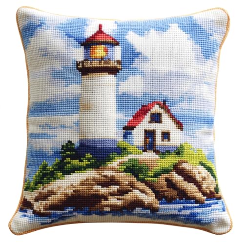 ASONGLINGO Knotting Cushion Set, Latch Cushion Kit for Beginners, DIY Latch Hook Set, Knüpfkissen Kits 43 x 43 cm(Leuchtturm am Meer) von ASONGLINGO