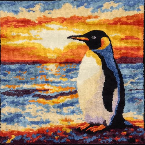 ASONGLINGO Knüpfkissen Set Latch Hook Kissen Kit Knüpfteppich Knüpfpackung Set, Sofakissenbezug,DIY Kissen Knüpfset Mit Anleitung 43X43cm(Pinguine am Strand) von ASONGLINGO