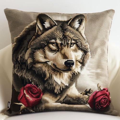 ASONGLINGO Latch Cushion Kits, Handmade Cross Stitch Latch Hook Cushion Cover Rug Sets with Pre-Printed Color Pattern Canvas Crochet Yarn Set 43x43cm(Tierwolf) von ASONGLINGO