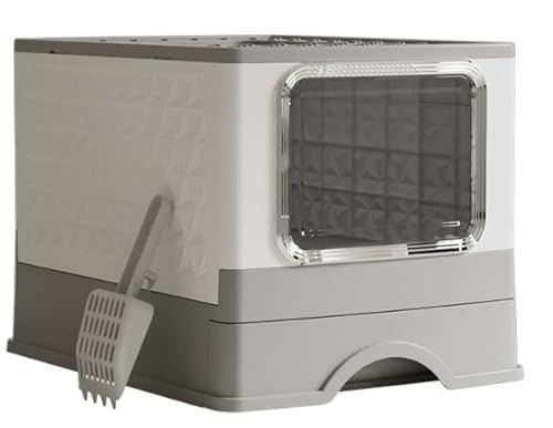 Katzenklo, Katzentoilette, mit Deckel, ausziehbares Tablett, weniger Spuren, auslaufsicherer Boden, haferflockenfarben-warmgrau von ASONINE