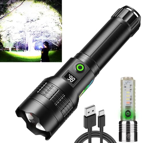 ASORT Extrem Hell LED Taschenlampe, 100000 Lumen, Zoombar, Taktisches Design, USB-Aufladbar, 6 Modi, IP67 Wasserdicht, Perfekt für Outdoor, Camping & Notfälle, inkl. 2 Taschenlampen & Batterien von ASORT