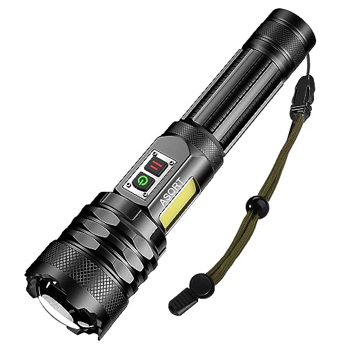 ASORT led taschenlampe 30000 Lumen extrem hell, mit COB Seitenlicht, Type-C Aufladbar, IPX67 Wasserdicht,Taktische 9 Lichtmodi, mit Magnet für Camping Wandern Notfälle von ASORT