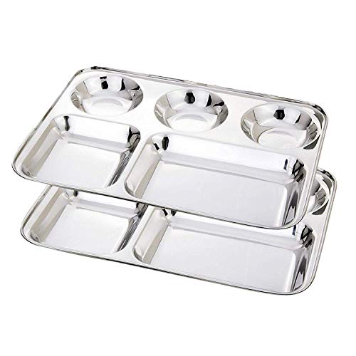 ASP Online Traders Edelstahl 2er Set Fünf Fächer unterteilte Teller, Speiseteller/Thali, 13 Zoll, Silberfarbe von ASP Online Traders
