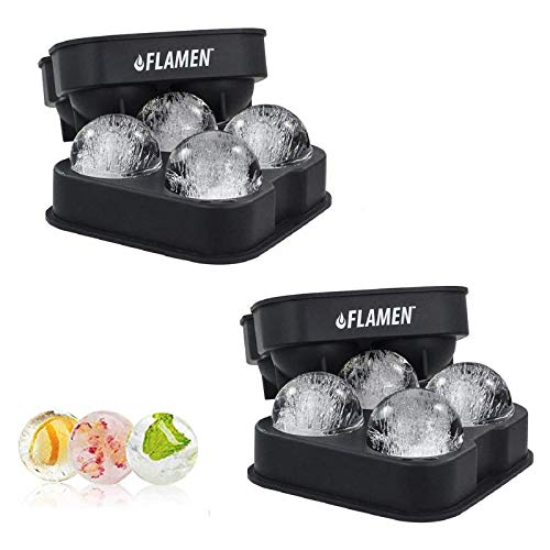 ASPECTEK 2x4 Flamen Runden Eiswürfelform – BPA-freie Silikon-Eisform mit Deckel – formt runde Eiswürfel mit 4,5 cm Durchmesser – Ideal für Whiskey, Cocktails, alkoholfreie Kaltgetränke von Flamen