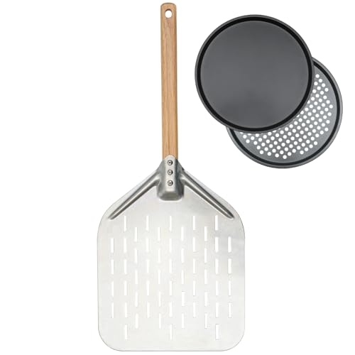 ASPENBO Perforierter Pizzaschieber+Pizzablech 3 Teiliges Set,12 Zoll,Pizzaschaufel Aluminium mit Abnehmbar Holz Griff Pizzaschieber,Edelstahl Rund Pizzaform Pizza Backblech zum Backen im Ofen. von ASPENBO