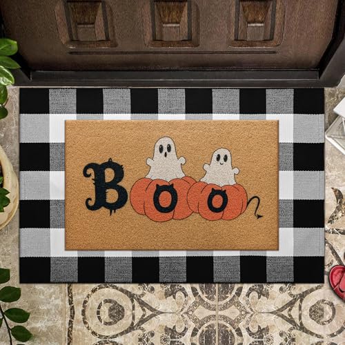 ASPMIZ Halloween-Fußmatten-Set, 45,7 x 76,2 cm, Kokosfaser, rutschfest + 71,1 x 109,2 cm, Büffelkarierter Teppich, waschbar, niedlicher Boo Geist-Haustürmatte und Teppich, Außeneingang, Veranda ASPMIZ Halloween-Fußmatten-Set, 45,7 x 76,2 cm, Kokosfaser, rutschfest + 71,1 x 109,2 cm, Büffelkarierter Teppich, waschbar, niedlicher Boo Geist-Haustürmatte und Teppich, Außeneingang, Veranda von ASPMIZ