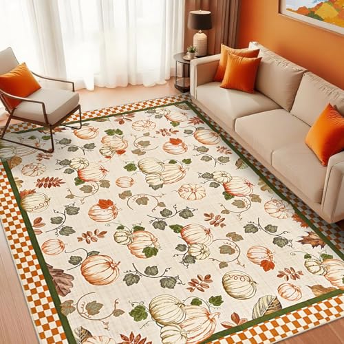 ASPMIZ Herbstteppich, 12,7 x 17,8 cm, für Wohnzimmer, Thanksgiving, waschbar, rutschfest, Kürbis-Schlafzimmerteppich, niedriger Flor, Bodenteppich mit kariertem Rand, Thanksgiving-Kürbis-Dekorationen ASPMIZ Herbstteppich, 12,7 x 17,8 cm, für Wohnzimmer, Thanksgiving, waschbar, rutschfest, Kürbis-Schlafzimmerteppich, niedriger Flor, Bodenteppich mit kariertem Rand, Thanksgiving-Kürbis-Dekorationen von ASPMIZ