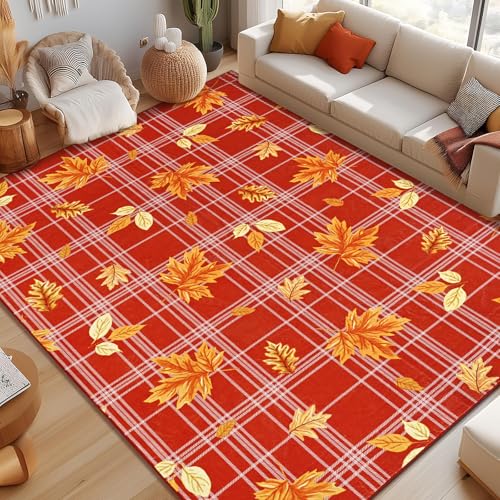 ASPMIZ Herbstteppich, kariert, Wohnzimmerteppich, Ahornblätter, waschbarer Teppich, orange, Schlafzimmerteppiche für Wohnzimmer, rutschfest, weiche Kunstwolle, Überwurfteppich für Eingangsbereich von ASPMIZ