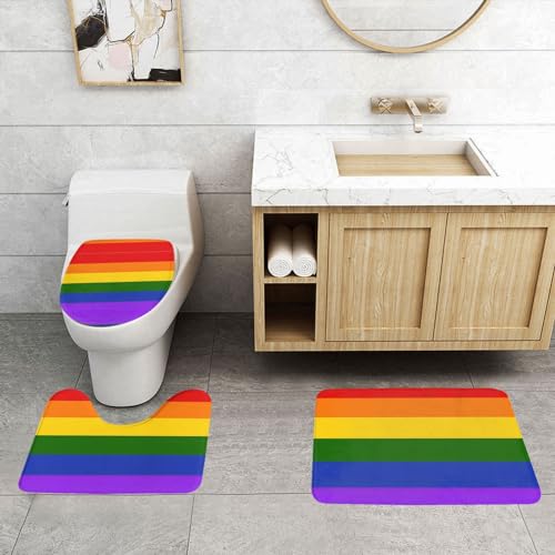 ASPOIJHN 3-teiliges Badezimmerteppich-Set, Motiv: Regenbogenflagge, rutschfeste Konturmatte und WC-Deckelbezug, leicht zu reinigen von ASPOIJHN