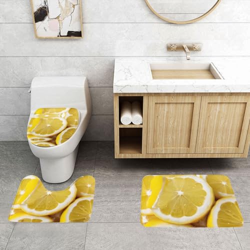 ASPOIJHN 3-teiliges Badezimmerteppich-Set, leicht zu reinigen, rutschfeste Konturmatte und WC-Deckelbezug, Zitronengelb von ASPOIJHN