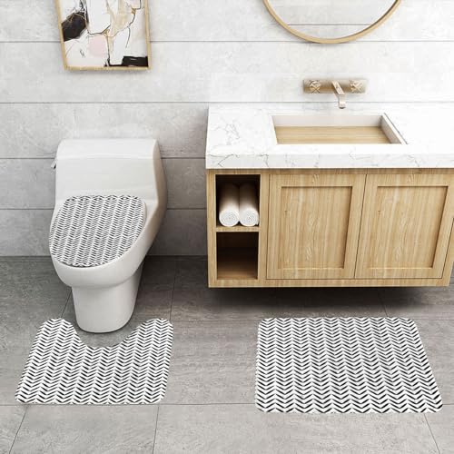 ASPOIJHN 3-teiliges Badezimmerteppich-Set, rutschfest, Konturmatte und WC-Deckelbezug, Schwarz und Weiß von ASPOIJHN