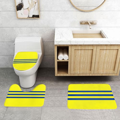 ASPOIJHN 3-teiliges Badezimmerteppich-Set, rutschfeste Konturmatte und WC-Deckelbezug, leicht zu reinigen, Gelb und Blau gestreift von ASPOIJHN