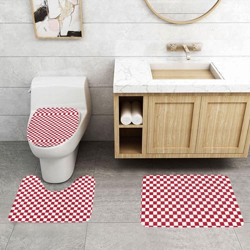 ASPOIJHN 3-teiliges Badezimmerteppich-Set, rutschfeste Konturmatte und WC-Deckelbezug, leicht zu reinigen, rot kariert, weiß von ASPOIJHN